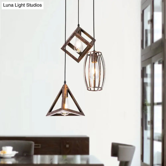 Antique Style Wrought Iron Pendant Lamp - 3-Head Caged Design For Dining Room Ceiling Rust Finish