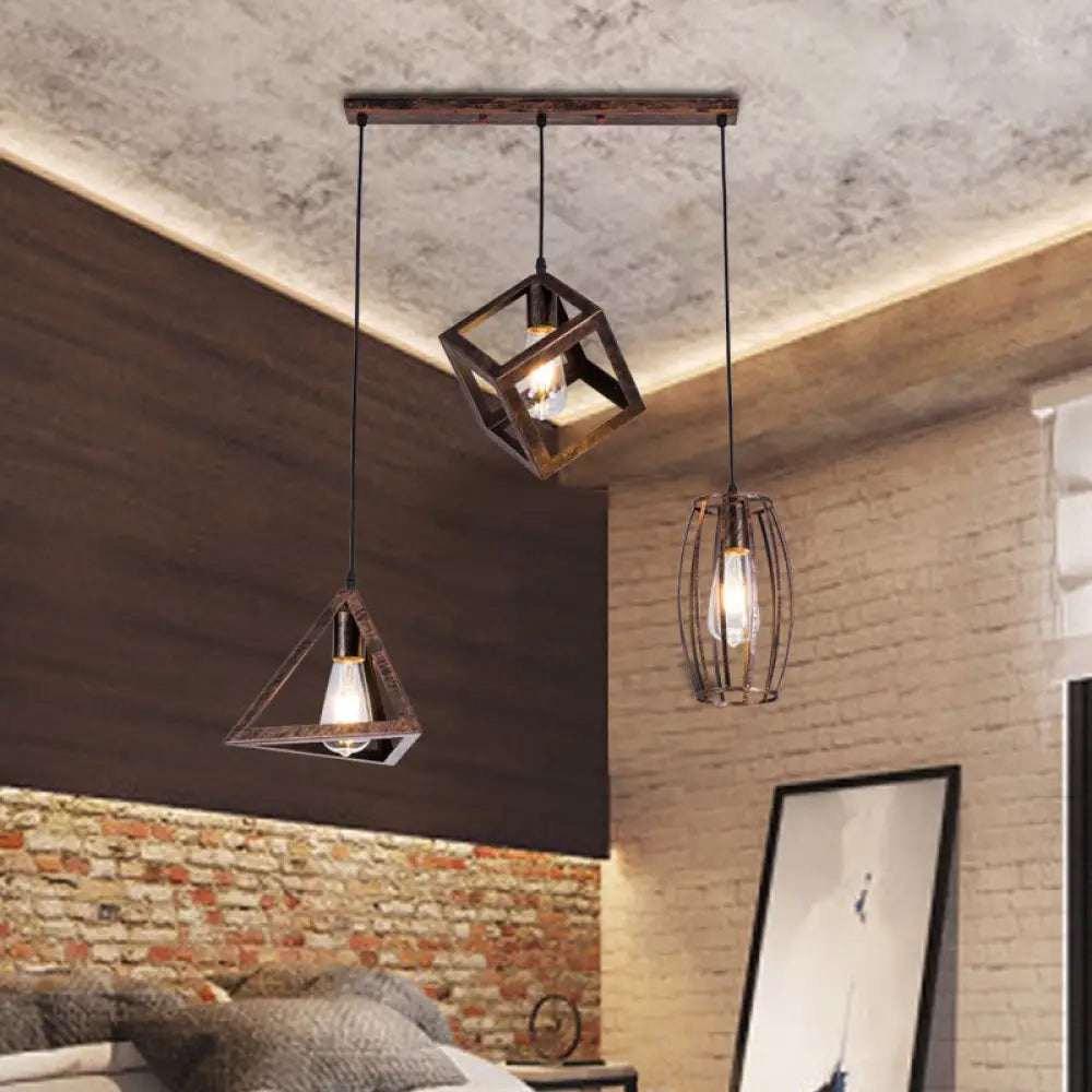 Antique Style Wrought Iron Pendant Lamp - 3-Head Caged Design For Dining Room Ceiling Rust Finish /