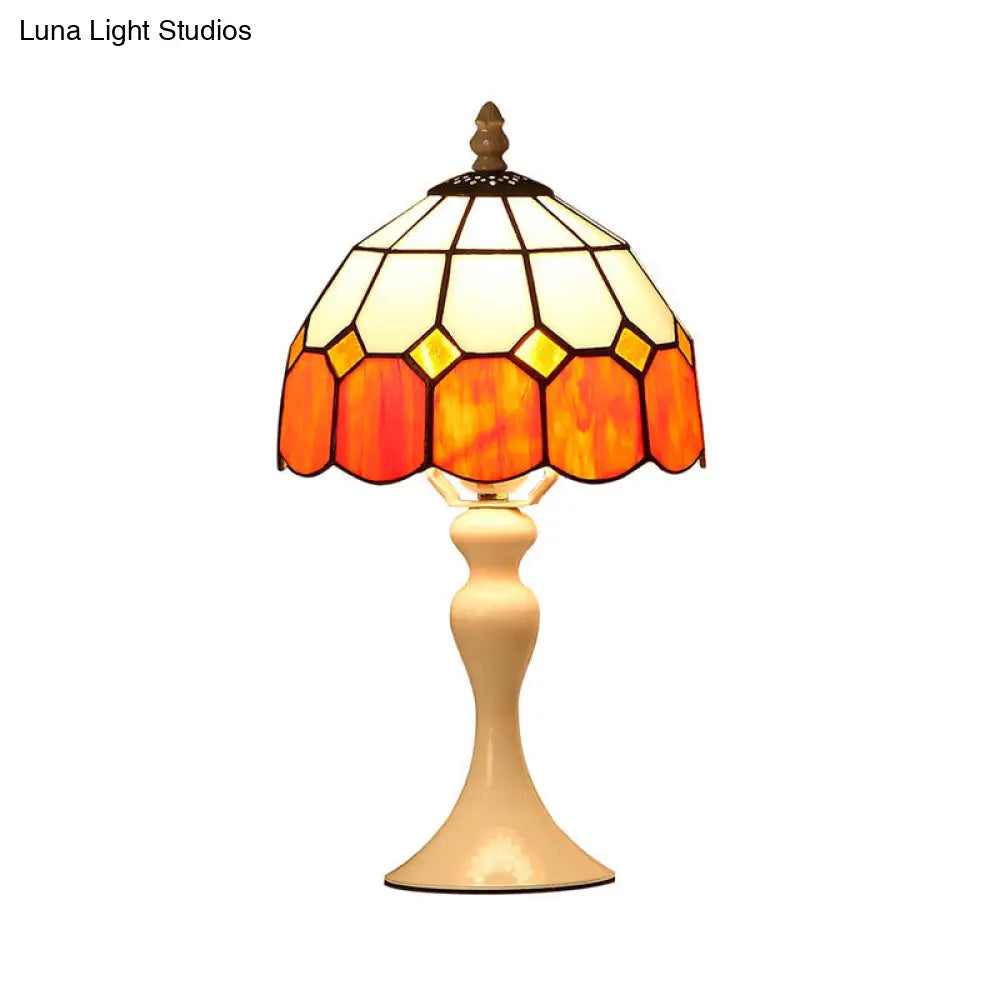 Antique Tiffany Style Orange Desk Lamp For Bedroom - Cafe Grid Domed Light Art Glass Design