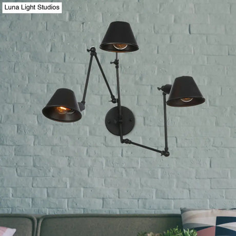 Antiqued Black Iron Swing Arm Sconce With Bell Shade - 2/3 Lights Bedroom Wall Lamp