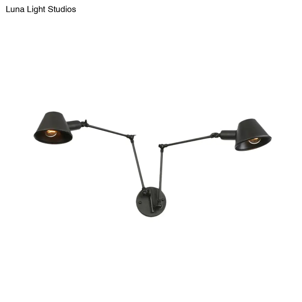 Antiqued Black Iron Swing Arm Sconce With Bell Shade - 2/3 Lights Bedroom Wall Lamp