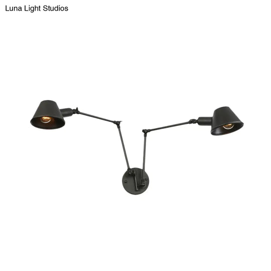 Antiqued Black Iron Swing Arm Sconce With Bell Shade - 2/3 Lights Bedroom Wall Lamp