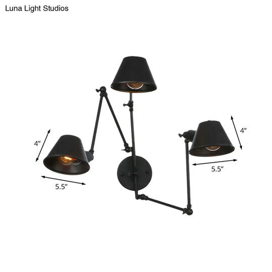 Antiqued Black Iron Swing Arm Sconce With Bell Shade - 2/3 Lights Bedroom Wall Lamp