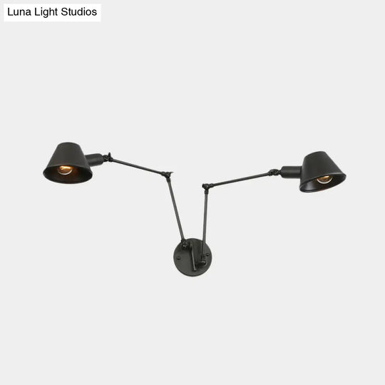 Antiqued Black Iron Swing Arm Sconce With Bell Shade - 2/3 Lights Bedroom Wall Lamp