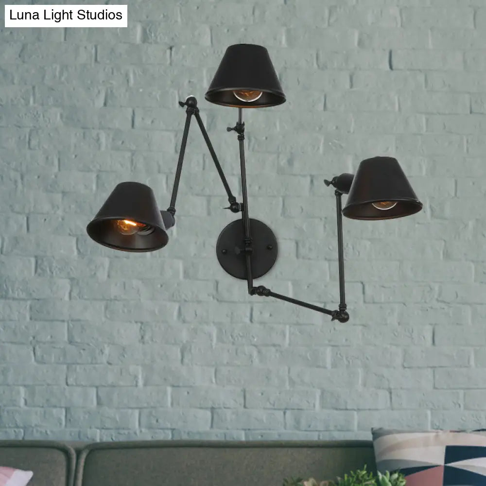 Antiqued Black Iron Swing Arm Sconce With Bell Shade - 2/3 Lights Bedroom Wall Lamp