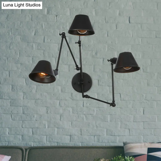 Antiqued Black Iron Swing Arm Sconce With Bell Shade - 2/3 Lights Bedroom Wall Lamp