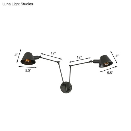 Antiqued Black Iron Swing Arm Sconce With Bell Shade - 2/3 Lights Bedroom Wall Lamp