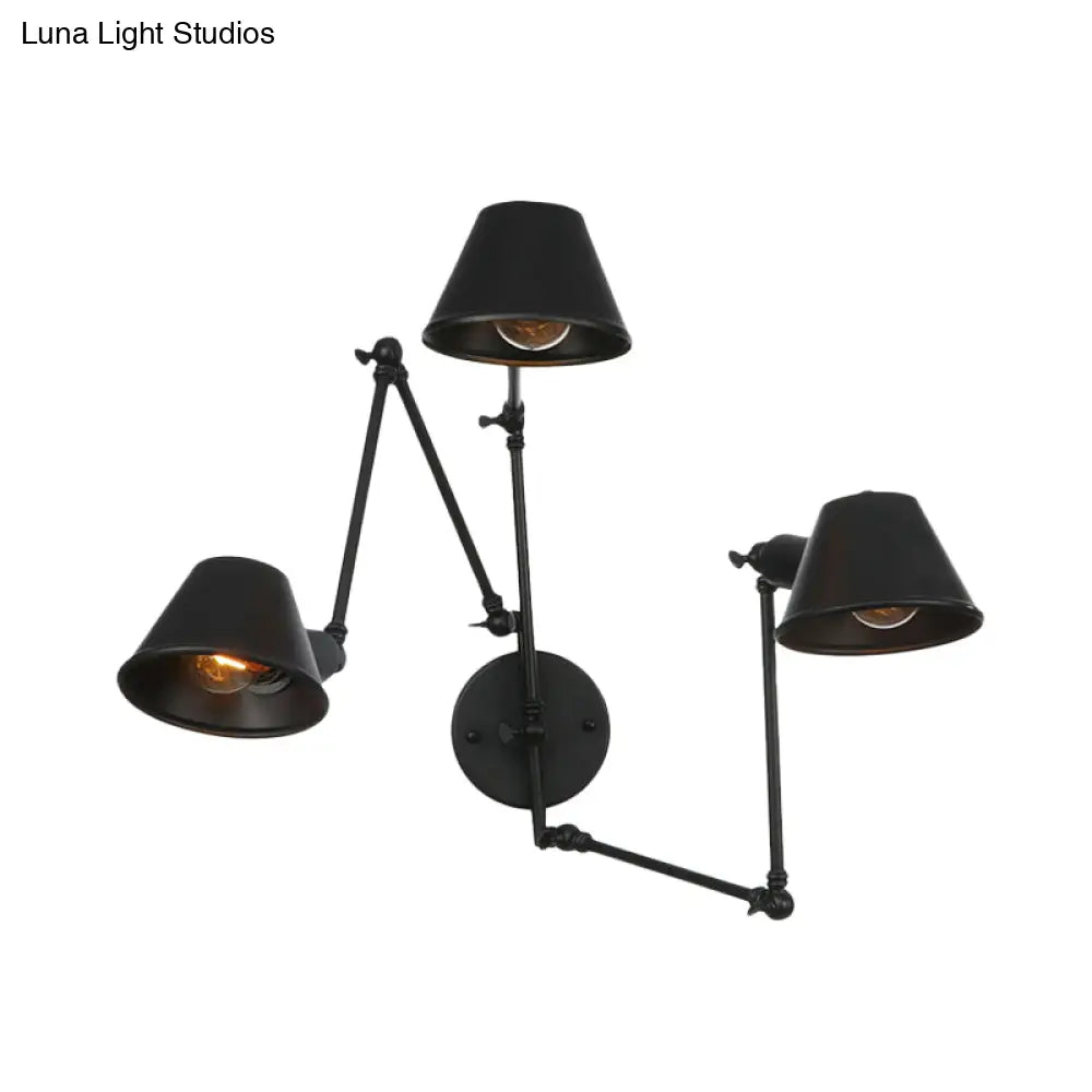 Antiqued Black Iron Swing Arm Sconce With Bell Shade - 2/3 Lights Bedroom Wall Lamp
