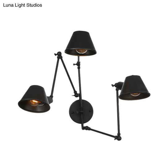 Antiqued Black Iron Swing Arm Sconce With Bell Shade - 2/3 Lights Bedroom Wall Lamp