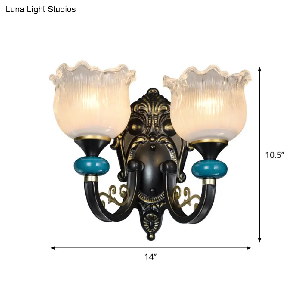 Antiqued Black Opal Ribbed Glass Floral Sconce Light Fixture - Wall Mounted Lamp