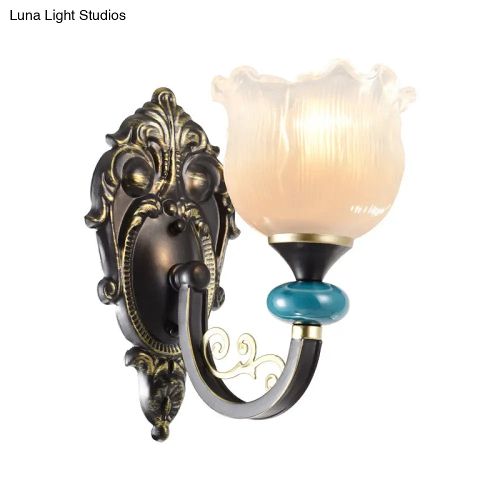 Antiqued Black Opal Ribbed Glass Floral Sconce Light Fixture - Wall Mounted Lamp