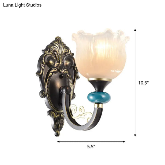 Antiqued Black Opal Ribbed Glass Floral Sconce Light Fixture - Wall Mounted Lamp