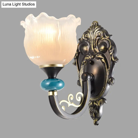 Antiqued Black Opal Ribbed Glass Floral Sconce Light Fixture - Wall Mounted Lamp