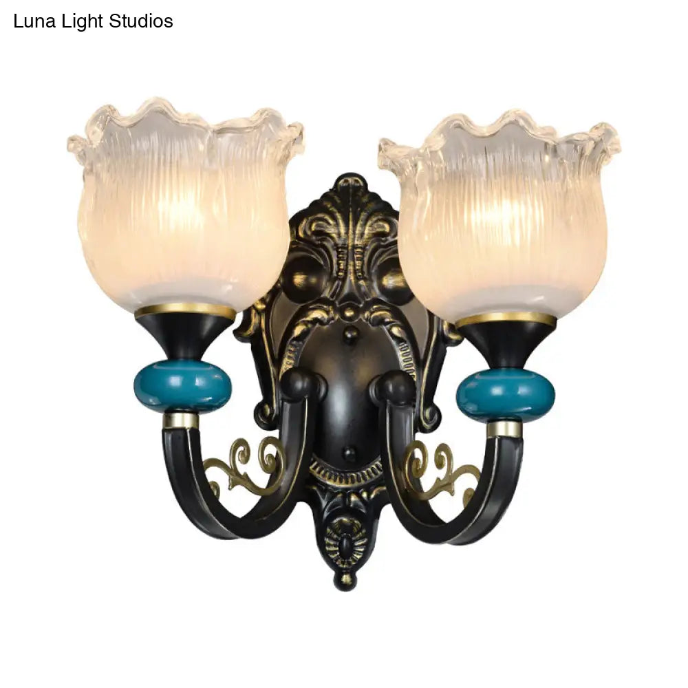 Antiqued Black Opal Ribbed Glass Floral Sconce Light Fixture - Wall Mounted Lamp