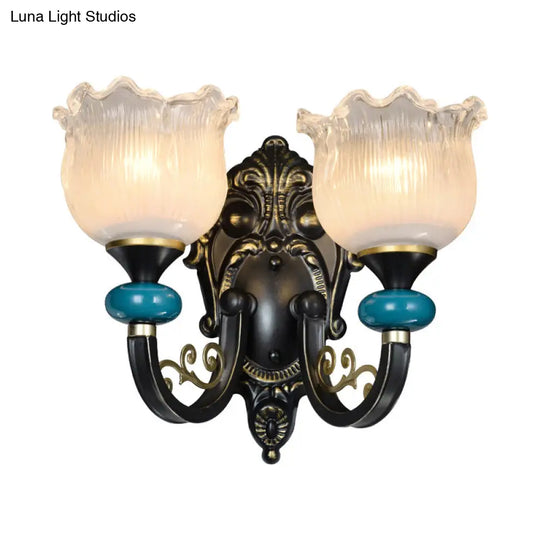 Antiqued Black Opal Ribbed Glass Floral Sconce Light Fixture - Wall Mounted Lamp
