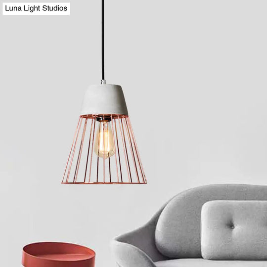 Antiqued Black/Rose Gold Conic Cage Ceiling Pendant Light With Cement Top And 1