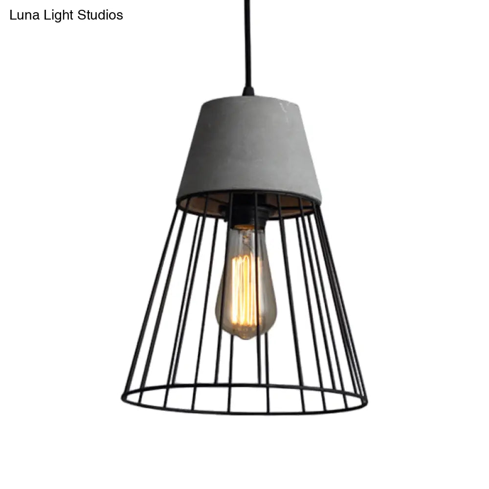 Antiqued Black/Rose Gold Conic Cage Ceiling Pendant Light With Cement Top And 1