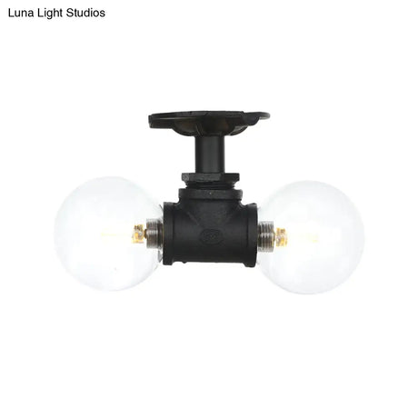 Antiqued Black Semi Mount Lighting With Clear Glass - 2 - Light Sphere Flush Mounted Lamp