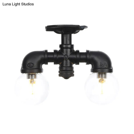 Antiqued Black Semi Mount Lighting With Clear Glass - 2 - Light Sphere Flush Mounted Lamp