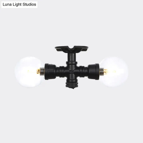 Antiqued Black Semi Mount Lighting With Clear Glass - 2 - Light Sphere Flush Mounted Lamp