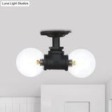 Antiqued Black Semi Mount Lighting With Clear Glass - 2 - Light Sphere Flush Mounted Lamp