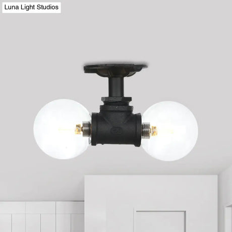 Antiqued Black Semi Mount Lighting With Clear Glass - 2 - Light Sphere Flush Mounted Lamp