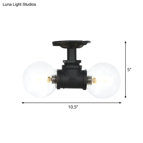 Antiqued Black Semi Mount Lighting With Clear Glass - 2 - Light Sphere Flush Mounted Lamp
