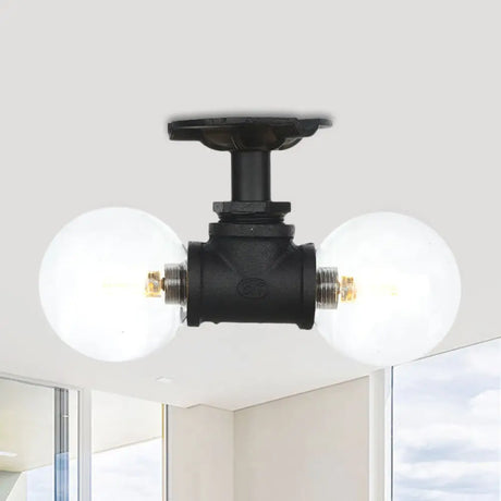 Antiqued Black Semi Mount Lighting With Clear Glass - 2 - Light Sphere Flush Mounted Lamp / C