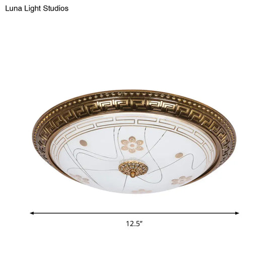 Antiqued Bowl Shade Glass Flush Mount Lamp In Gold With Led 12.5’/15’/19’ Width And Warm/White Light