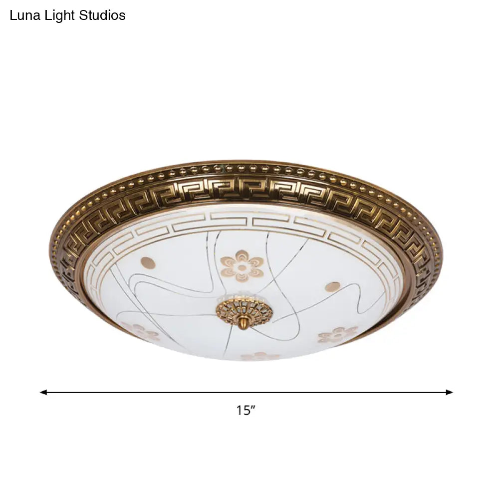 Antiqued Bowl Shade Glass Flush Mount Lamp In Gold With Led 12.5’/15’/19’ Width And Warm/White Light