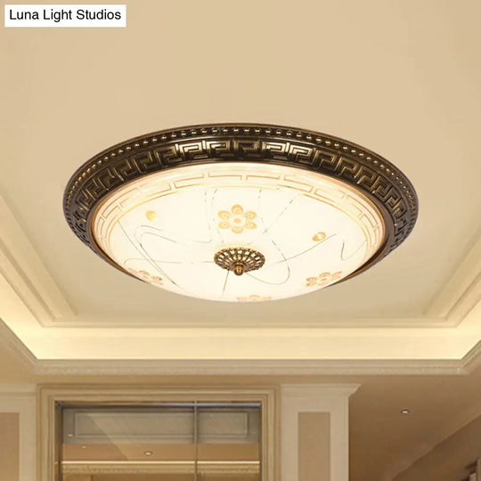 Antiqued Bowl Shade Glass Flush Mount Lamp In Gold With Led 12.5/15/19 Width And Warm/White Light /
