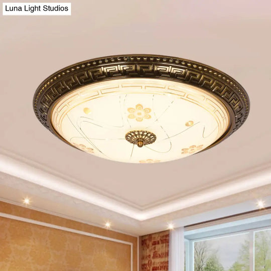 Antiqued Bowl Shade Glass Flush Mount Lamp In Gold With Led 12.5’/15’/19’ Width And Warm/White Light