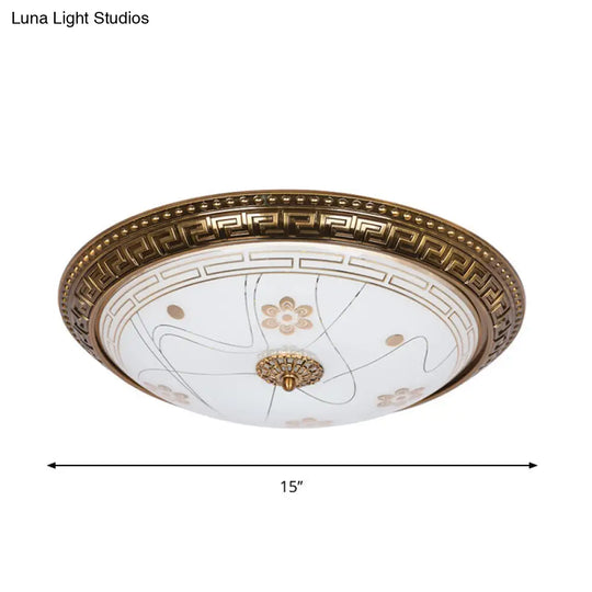 Antiqued Bowl Shade Glass Flush Mount Lamp In Gold With Led 12.5/15/19 Width And Warm/White Light