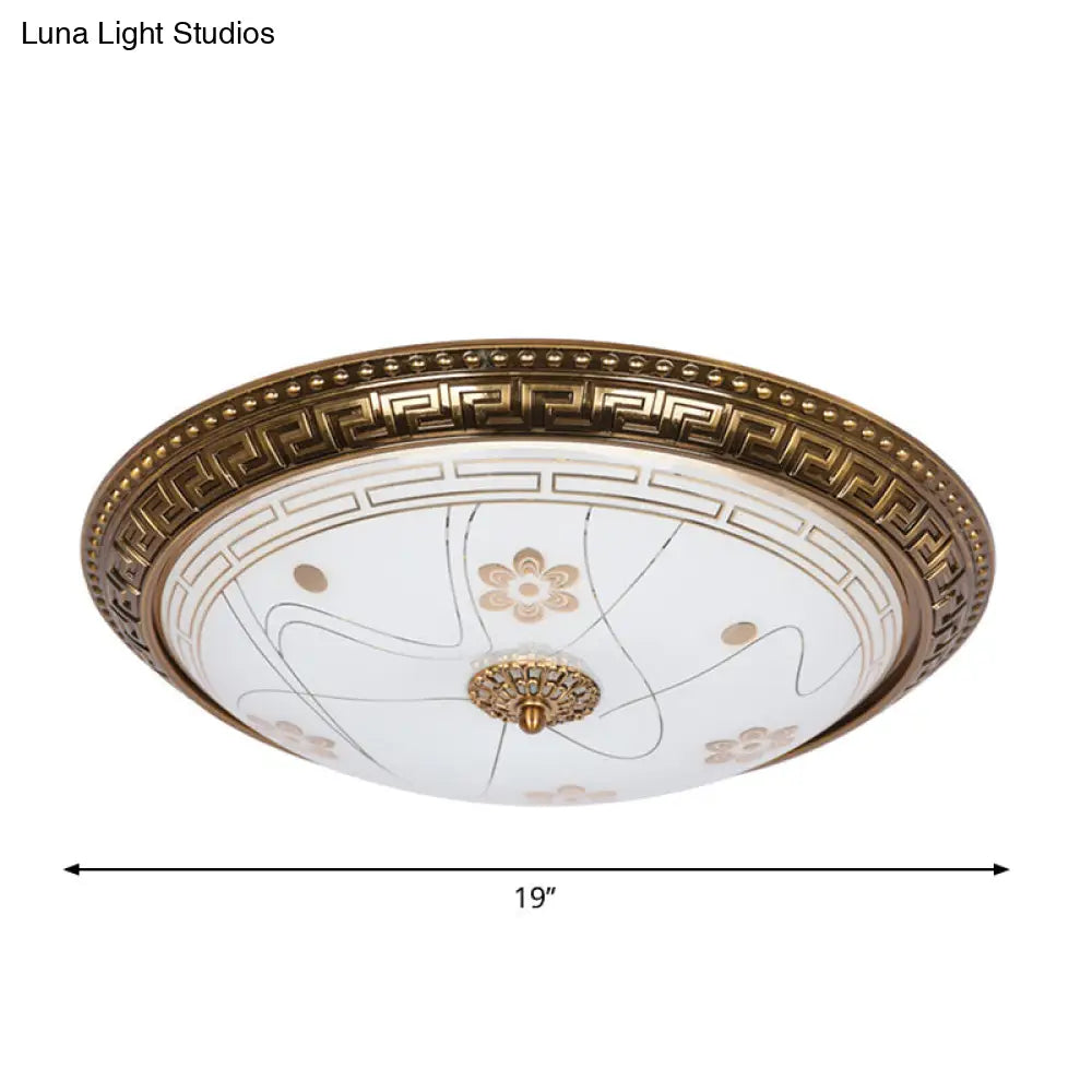 Antiqued Bowl Shade Glass Flush Mount Lamp In Gold With Led 12.5/15/19 Width And Warm/White Light