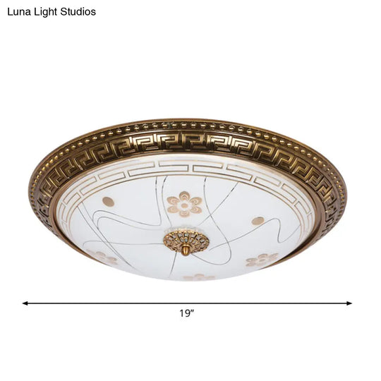 Antiqued Bowl Shade Glass Flush Mount Lamp In Gold With Led 12.5/15/19 Width And Warm/White Light