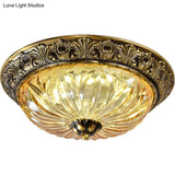 Antiqued Brass Bowl Ceiling Lamp: Traditional Carved Glass Flush Mount Light