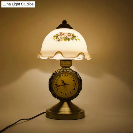 Antiqued Brass Night Lamp With Roman Clock Base - American Flower Design White Glass Dome Table