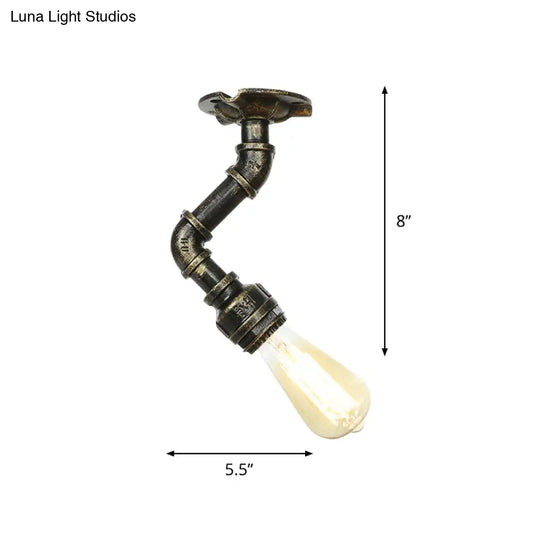 Antiqued Bronze Metal Flush Ceiling Lamp With 1 Exposed Bulb
