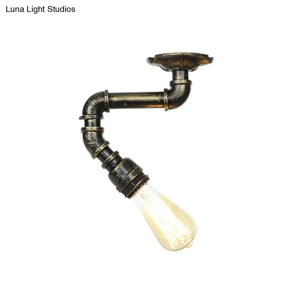 Antiqued Bronze Metal Flush Ceiling Lamp With 1 Exposed Bulb