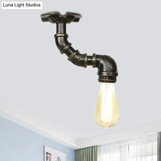 Antiqued Bronze Metal Flush Ceiling Lamp With 1 Exposed Bulb / D