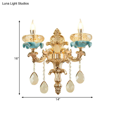 Antiqued Candlestick Wall Lamp With Crystal Sconce Light Fixture In Gold