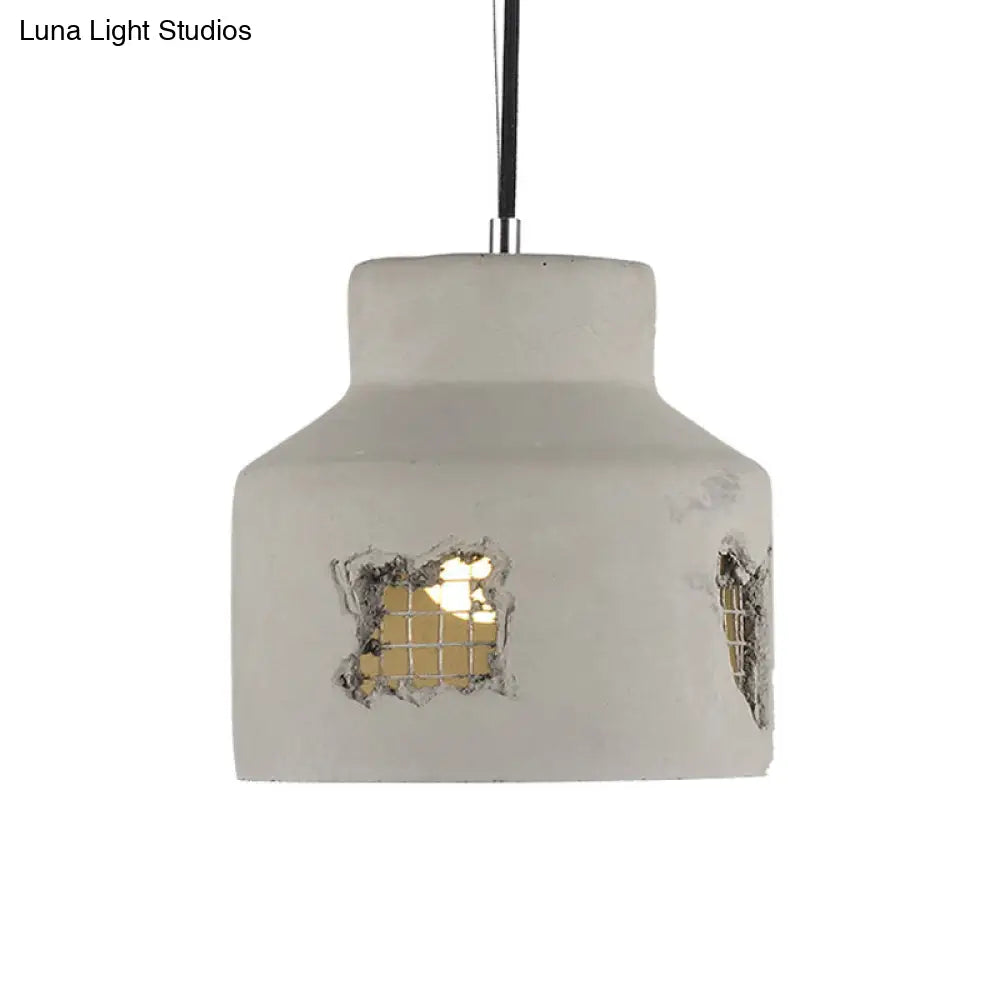 Antiqued Grey Cement Pendant Light Fixture With Hanging Bulb