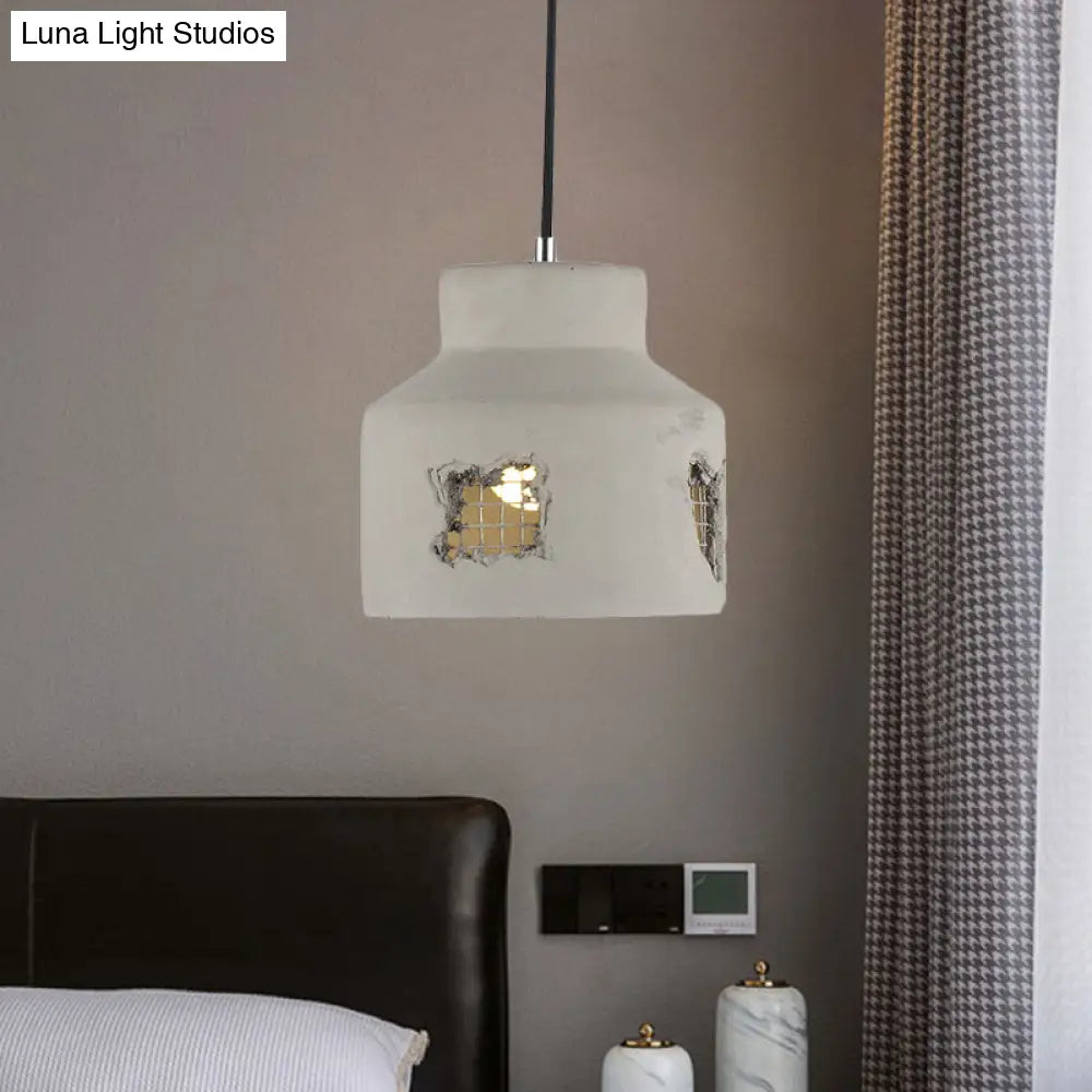 Antiqued Grey Cement Pendant Light Fixture With Hanging Bulb