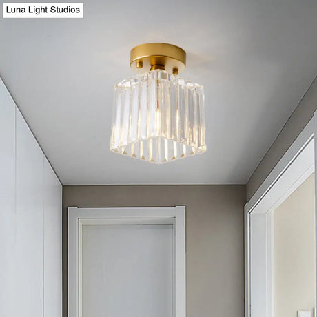 Antiqued Clear Fluted Glass Brass Flush Mount Lamp - Small Cubic Ceiling Fixture
