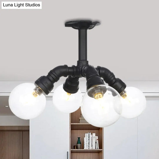 Antiqued Clear Glass Ball Led Semi Flushmount Lighting With 4/5/6 Heads In Black / B
