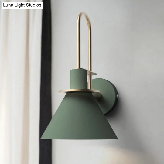 Antiqued Cone Metal Wall Mounted Sconce In White/Black/Green With Handle For Bedside