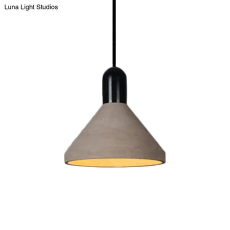 Antiqued Conical Cement Ceiling Light Restaurant Pendant Lamp In Grey With Wood Accents