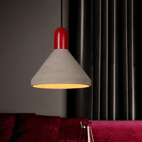 Antiqued Conical Cement Ceiling Light Restaurant Pendant Lamp In Grey With Wood Accents Red