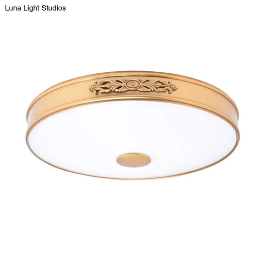 Antiqued Cream Glass Round Flush Mount Led Ceiling Lamp Fixture Gold For Bedroom