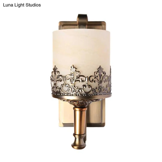 Antiqued Cylinder Wall Light With Single Bulb White Glass Etching In Gold